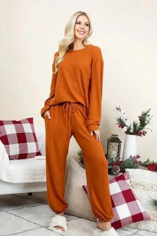Super Lady Full Size Fuzzy Hacci Brush Round Neck Top and Pants Lounge Set - Pajamas