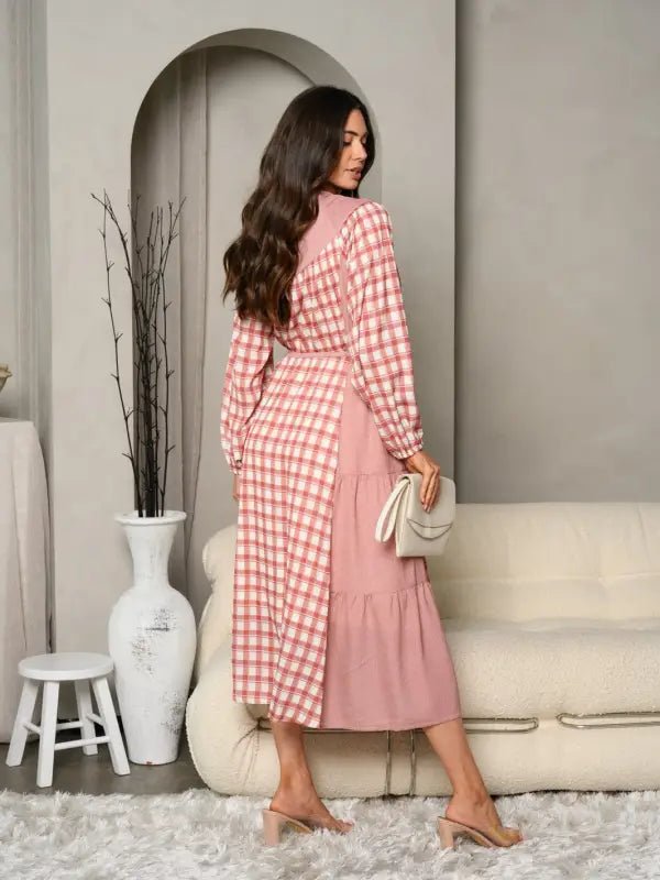 Texas Gingham Plaid Print Maxi Dress - Dresses pink plaid midi dress