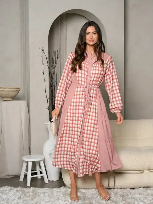 Texas Gingham Plaid Print Maxi Dress - Small - Dresses pink plaid midi dress