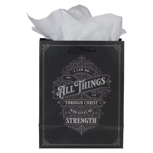 Through Christ Black and Silver Medium Gift Bag - Philippians 4:13 - Gift Bags