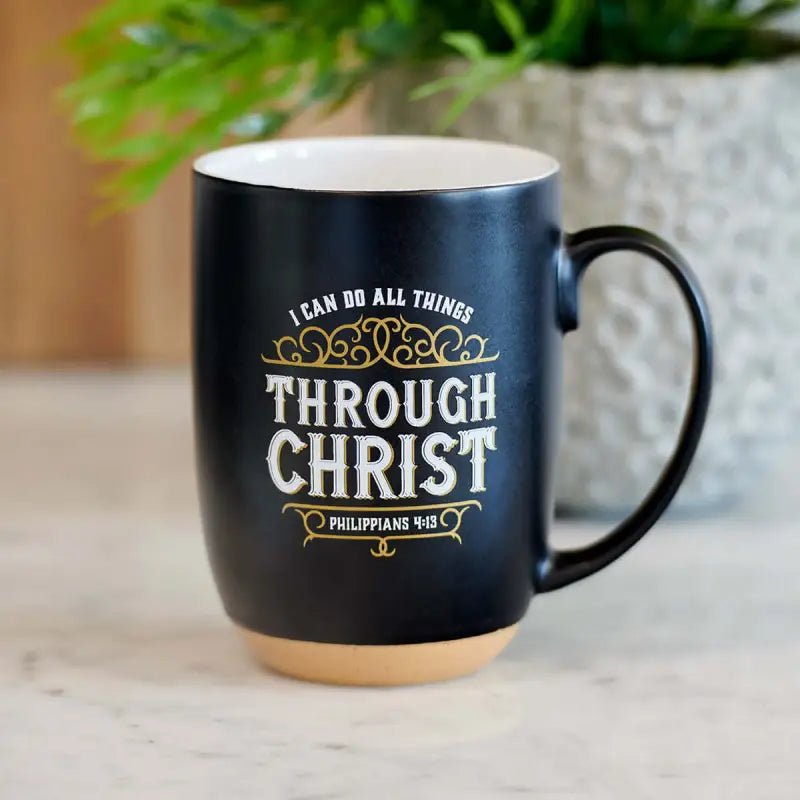Through Christ Black Ceramic Coffee Mug with Exposed Clay Base - Philippians 4:13 - Mugs black mug religious text