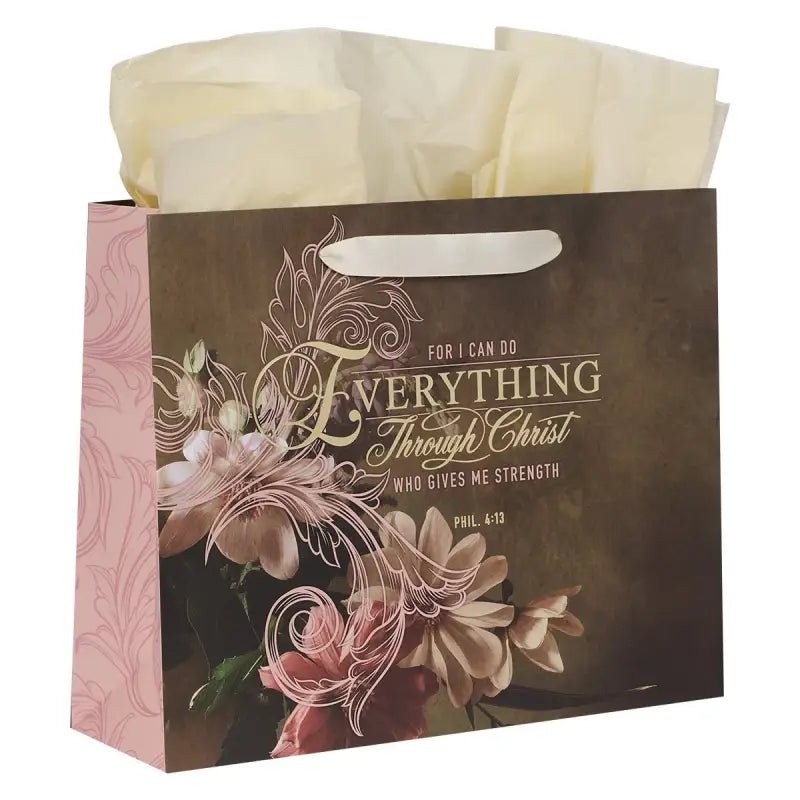 Through Christ Fluted Iris Brown and Pink Large Landscape Gift Bag with Card - Philippians 4:13 - Gift Bags