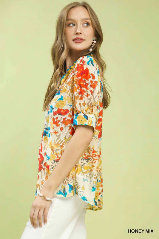 Umgee Floral Contrast Pleat Neck Top | Tops | 2