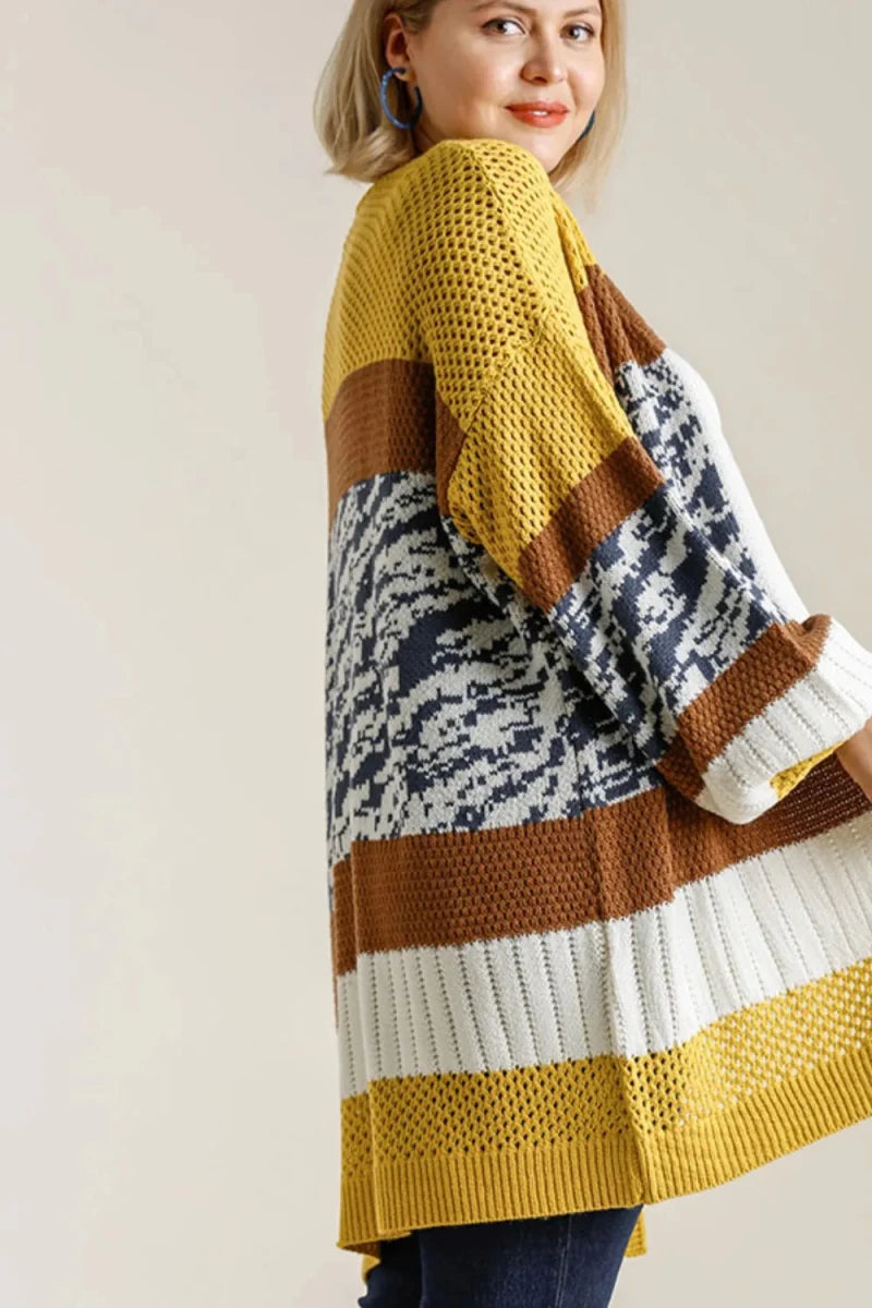 Umgee Full Size Color Block Open Front Longline Cardigan Plus Size | Cardigans | 4