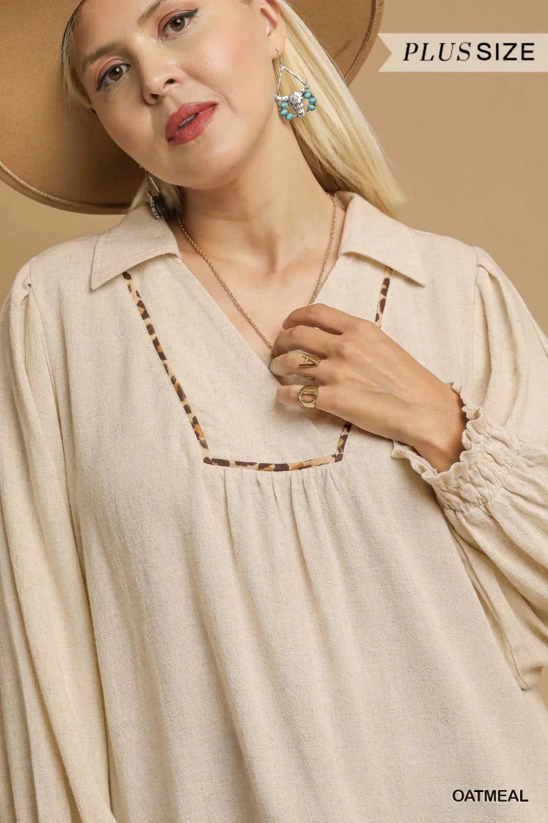 Umgee Full Size Linen Scallop Hem Blouse with Contrast Trim Plus Size | Tops | 10
