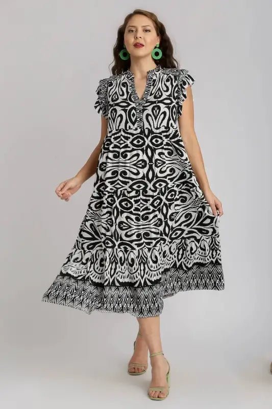 Umgee Full Size Two Tone Border Print Ruffle Cap Sleeve Midi Dress Plus Size - Dresses