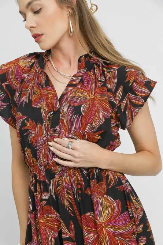 Umgee Mix Ruffle Sleeve Tropical Midi Dress - Dresses