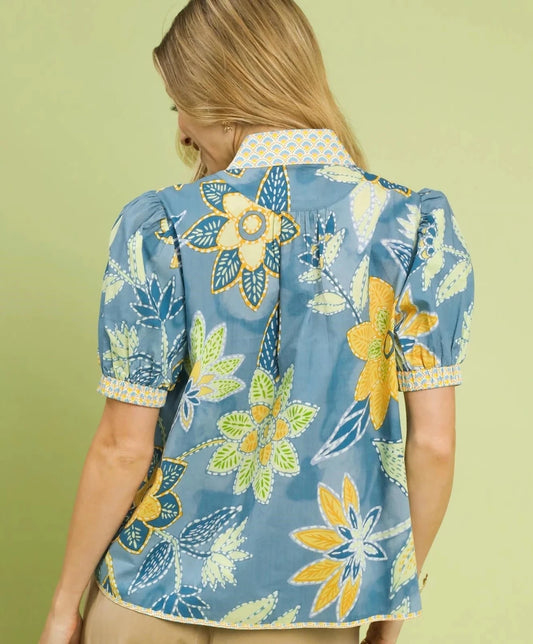 Umgee Mixed Abstract Print Puff Sleeve Blouse | Tops | 2