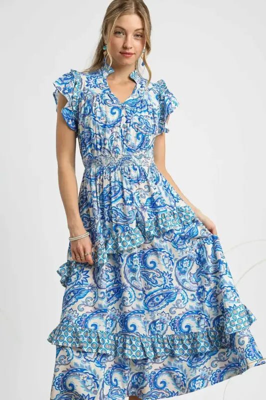 Umgee Paisley Print Ruffle Sleeve Midi Dress - Dresses
