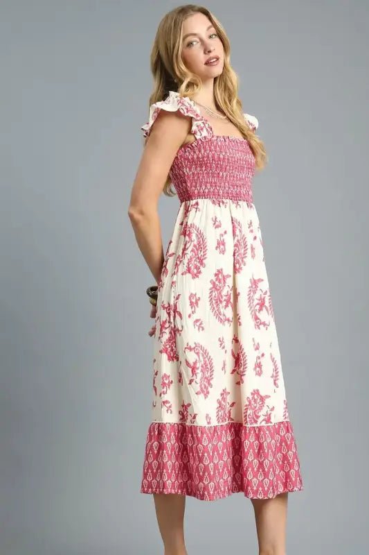 Umgee Printed Smocked Midi Dress with Ruffle Details - Dresses