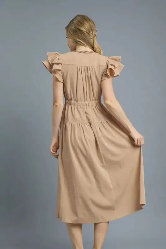 Umgee Ruffled Cap Sleeve Midi Dress with Contrast Trim Detail - Dresses