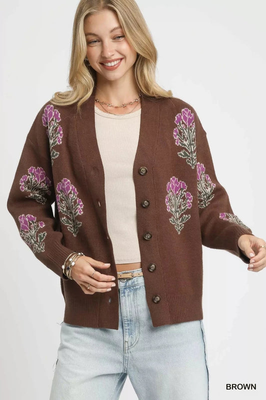 Umgee Single Flower Stem Jacquard Cardigan Sweater | Cardigans | 2