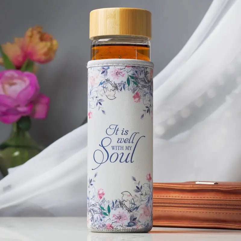 Well With My Soul Hymn Glass Water Bottle with Bamboo Lid and Sleeve - Water Bottles