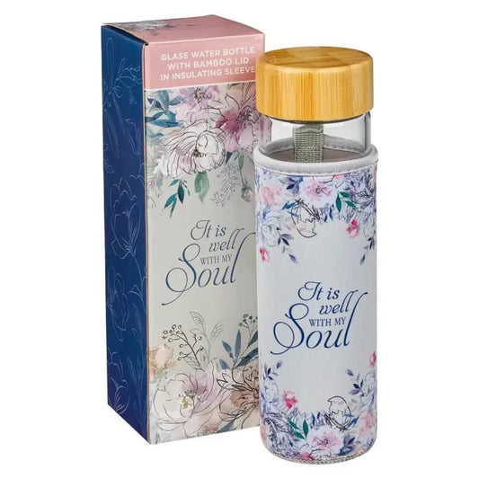 Well With My Soul Hymn Glass Water Bottle with Bamboo Lid and Sleeve - Water Bottles