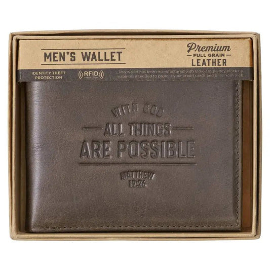 With God All Things Are Possible Brown Genuine Leather Wallet - Matthew 19:26 - Mens Wallets