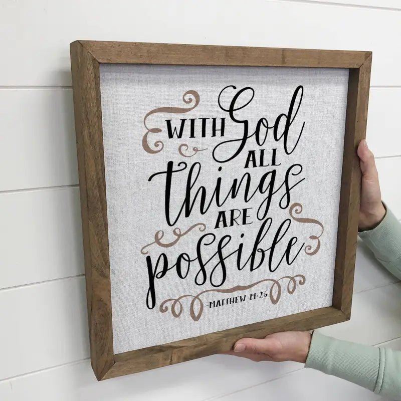 With God All Things Are Possible Wall Art - Scripture Canvas - 6x6’’ Mini Canvas Art with Wood Box Frame - Shelf & Wall