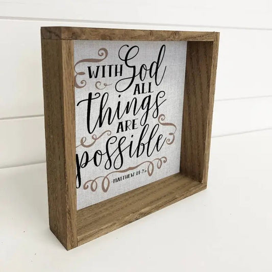 With God All Things Are Possible Wall Art - Scripture Canvas - 6x6’’ Mini Canvas Art with Wood Box Frame - Shelf & Wall