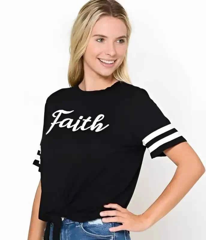 Worry Ends When Faith Begins Front Tied Black Shirt