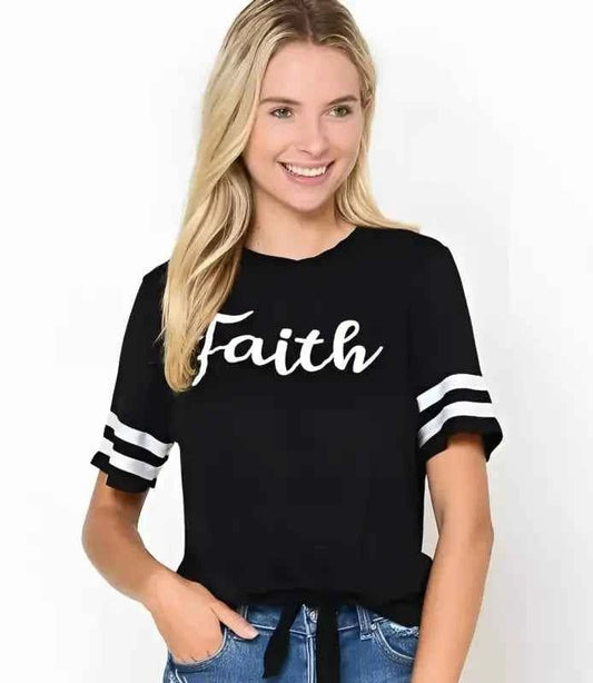 Worry Ends When Faith Begins Front Tied Black Shirt