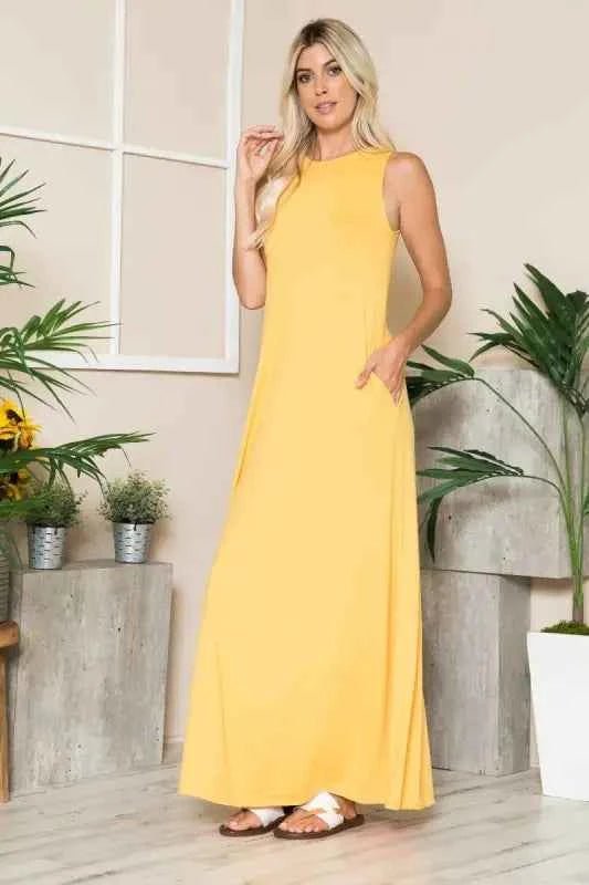 Yellow Sleeveless Maxi Dress With Pockets