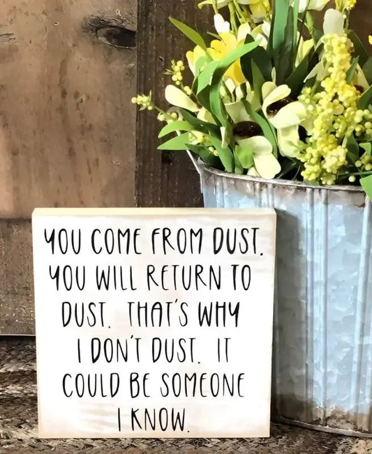 You Come From Dust - Rustic Wood Shelf Sitter - White - Shelf & Wall Art humorous dust-themed sign