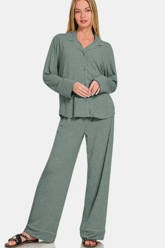 Zenana Button Down Long Sleeve Top and Pants Lounge Set - Pajamas