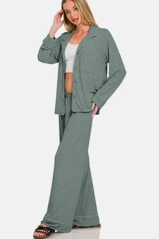 Zenana Button Down Long Sleeve Top and Pants Lounge Set - Pajamas