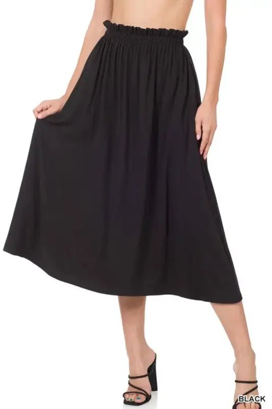 Zenana Paperbag Waist Midi Skirt With Pockets - BLACK / S - Skirts