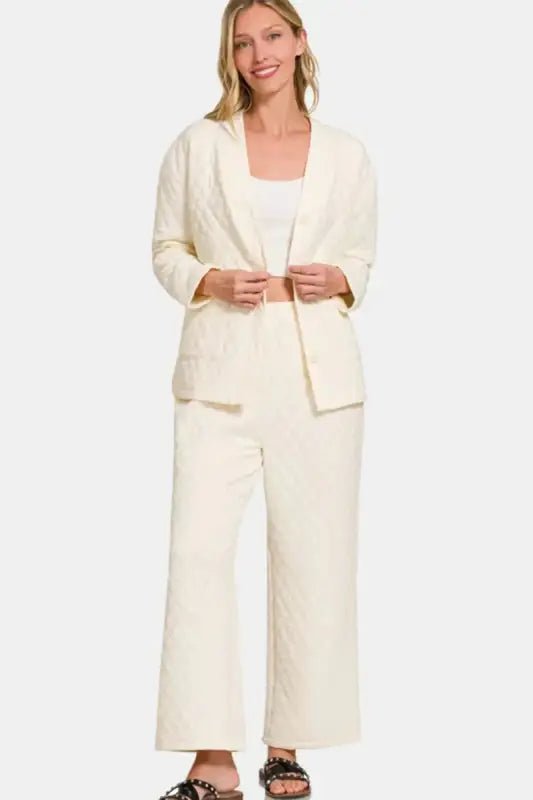 Zenana Quilted Button Up Long Sleeve Top and Pants Lounge Set - Pajamas