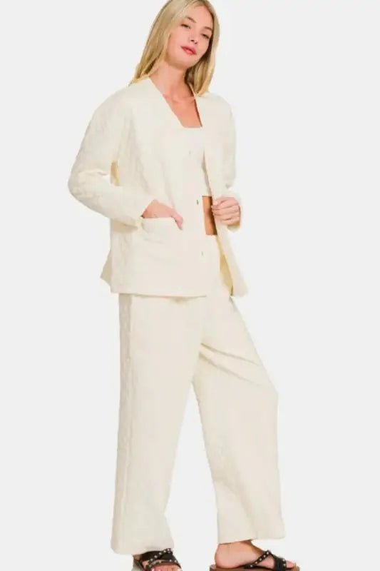 Zenana Quilted Button Up Long Sleeve Top and Pants Lounge Set - Pajamas
