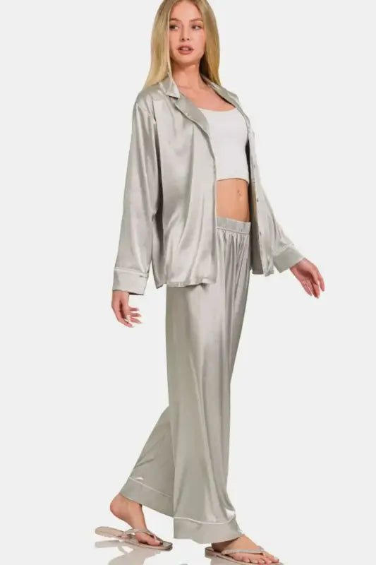 Zenana Satin Long Sleeve Shirt and Pants Pajama Set - Pajamas