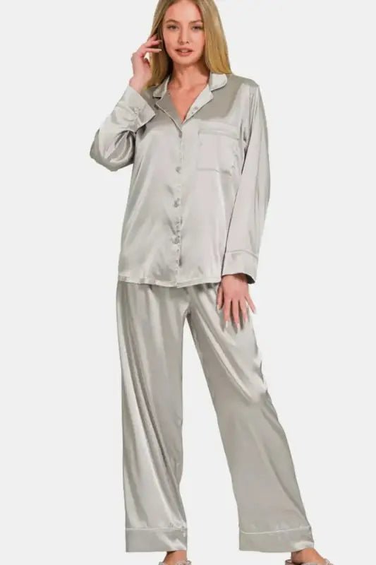 Zenana Satin Long Sleeve Shirt and Pants Pajama Set - Pajamas