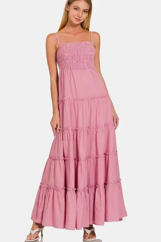 Zenana Woven Smocked Tiered Cami Maxi Dress - Dresses