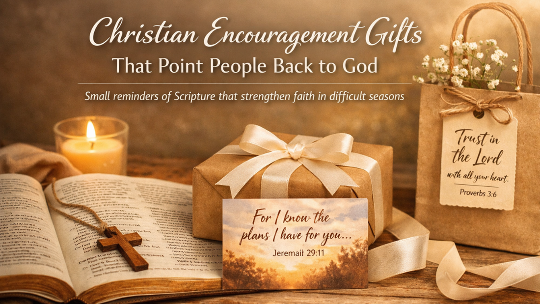 Christian encouragement gifts with Bible verses and gift bag presentation
