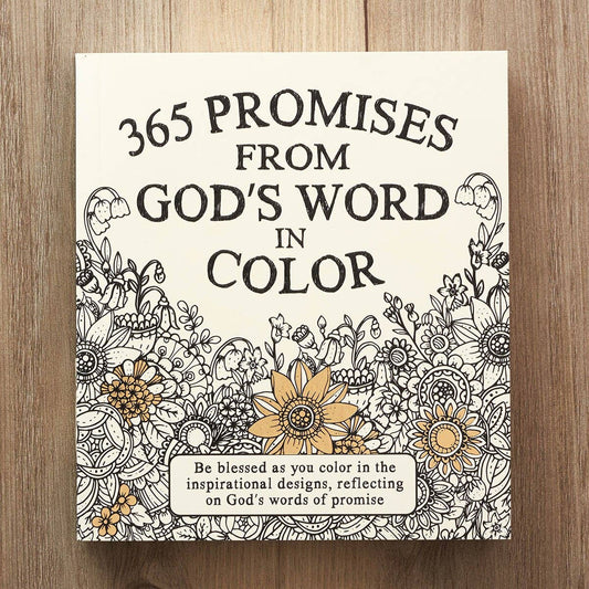 Small Christian coloring devotional book titled “365 Promises from God’s Word in Color” with floral cover and gold accents