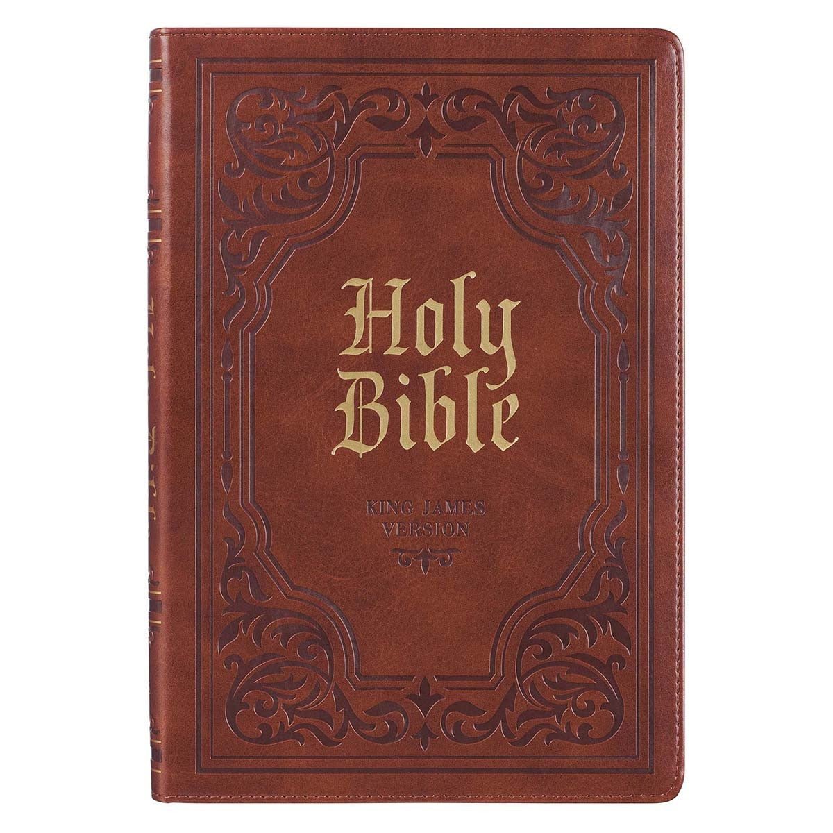Brown leather-bound Bible with decorative embossing on a white background