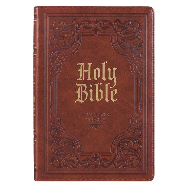 Brown leather-bound Bible with decorative embossing on a white background