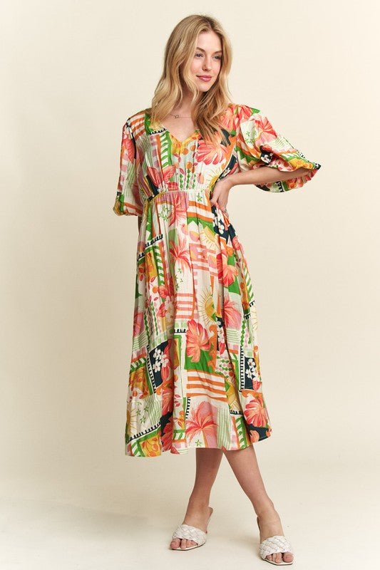 ADORA Floral V - Neck Puff Sleeve Midi Dress | Dresses | 5