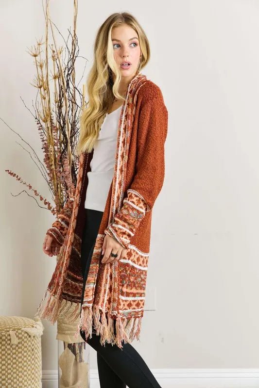 ADORA Full Size Fringe Hem Aztec Border Cardigan Plus Size | Cardigans | 4