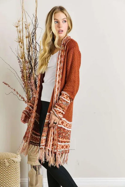 ADORA Full Size Fringe Hem Aztec Border Cardigan Plus Size | Cardigans | 4