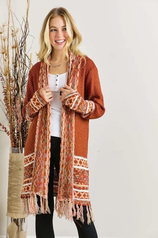 ADORA Full Size Fringe Hem Aztec Border Cardigan Plus Size | Cardigans | 1