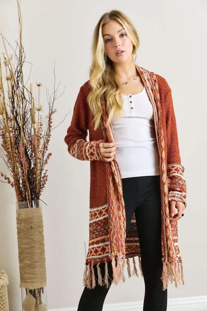 ADORA Full Size Fringe Hem Aztec Border Cardigan Plus Size | Cardigans | 2