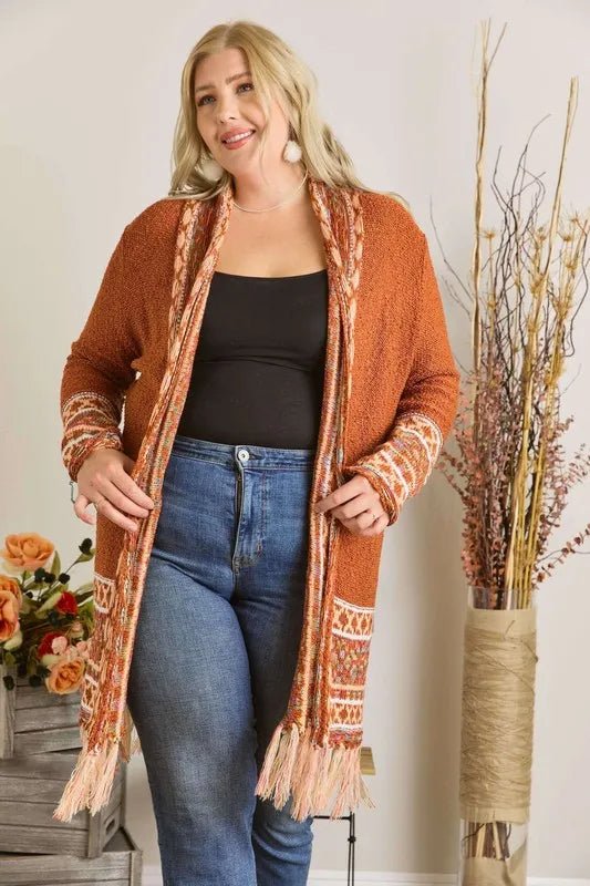 ADORA Full Size Fringe Hem Aztec Border Cardigan Plus Size | Cardigans | 7