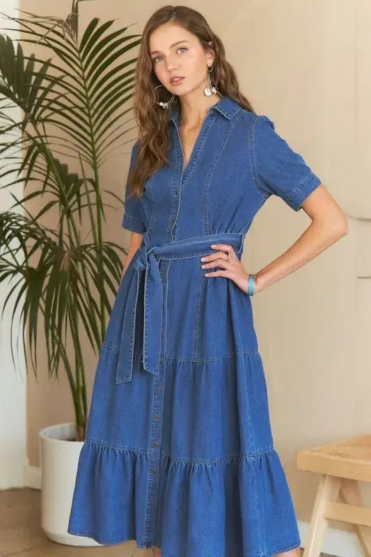 ADORA Tiered Button Down Tie Waist Short Sleeve Denim Dress - Dark / S - Dresses