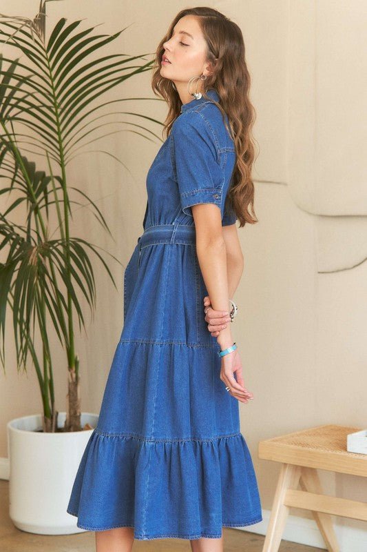 ADORA Tiered Button Down Tie Waist Short Sleeve Denim Dress | Dresses | 3