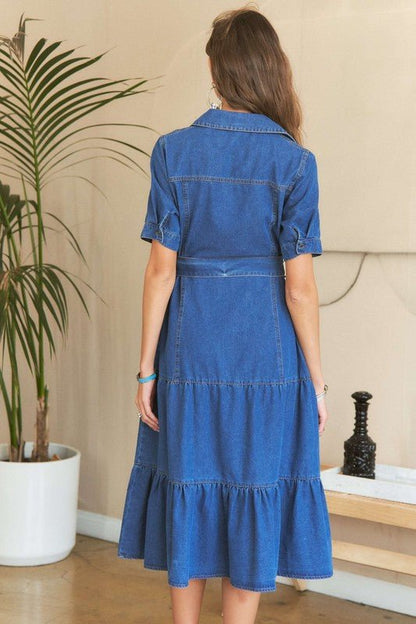 ADORA Tiered Button Down Tie Waist Short Sleeve Denim Dress | Dresses | 4