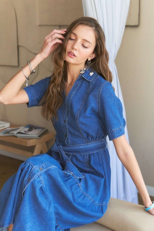 ADORA Tiered Button Down Tie Waist Short Sleeve Denim Dress | Dresses | 6