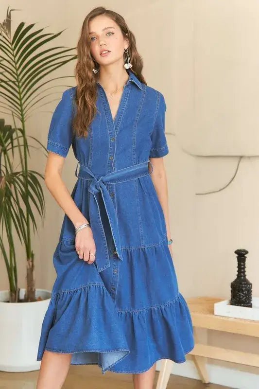 ADORA Tiered Button Down Tie Waist Short Sleeve Denim Dress - Dresses