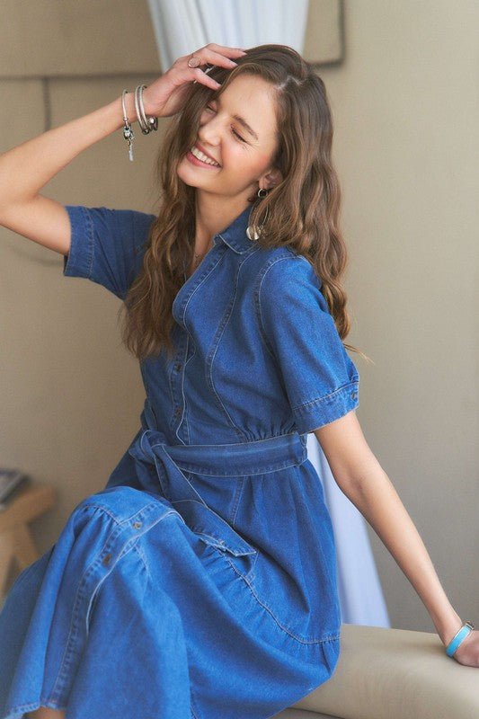 ADORA Tiered Button Down Tie Waist Short Sleeve Denim Dress | Dresses | 7