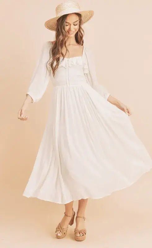 Aemi + Co Ruffled Smocked Square Neck Balloon Sleeve Dress - White / S - Dresses